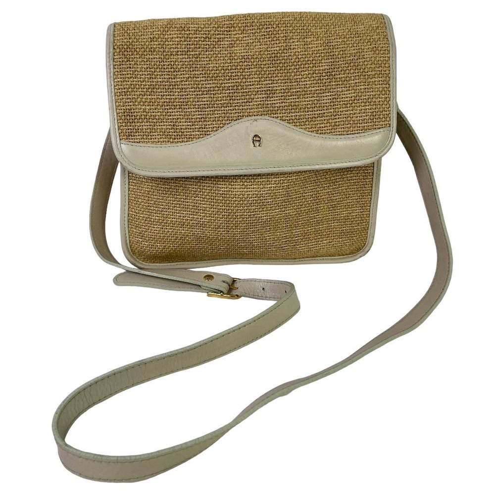 Etienne Aigner Womens Straw Real Leather Tan Ivory Crossbody Shoulder Bag Purse